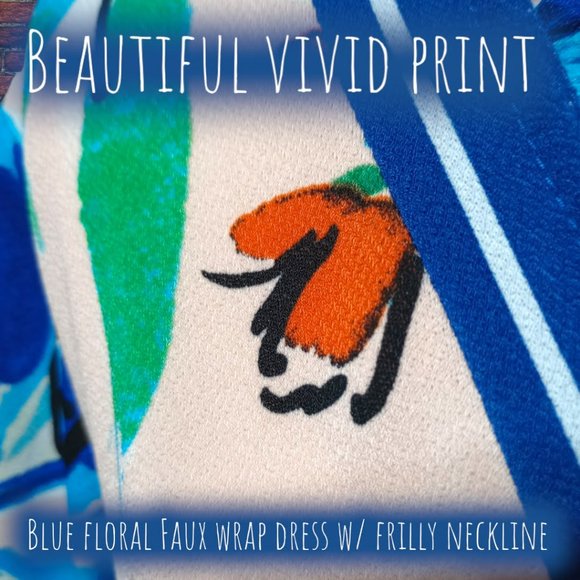 Blue Floral Faux Wrap Knee Length Dress w/Frilly Neckline - Picture 8 of 10